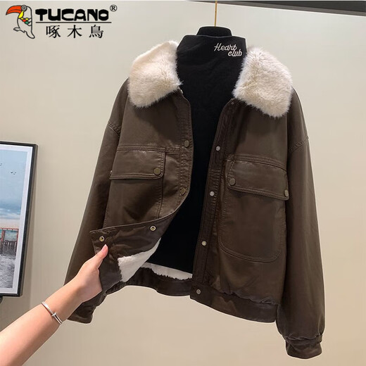 Woodpecker (TUCANO) velvet leather jacket 2025 winter new imitation rex rabbit fur PU leather jacket coat large fur collar pie jacket brown L 106-120Jin Jin equals 0.5 kg