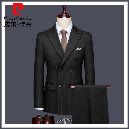 Pierre Cardin high-end double-breasted suit suit for men, British style gentleman, wedding groomsmen striped suit, formal business banquet, black suit + trousers, size 2XL