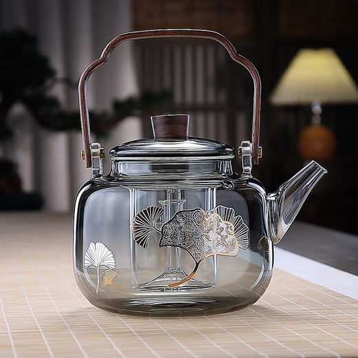 Quandu all-in-one steaming teapot black tea white teapot high temperature open flame thickened glass teapot Ginkgo leaf Xiangyun teapot smoke gray 1000ml