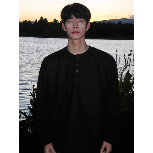 Katuchi American waffle Henry collar long-sleeved T-shirt men's spring and autumn loose trend ins high street heavy inner layering shirt gray XL