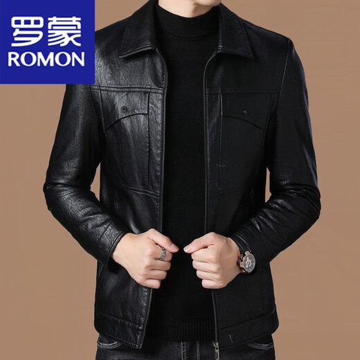 罗蒙（ROMON）中青年皮衣男秋冬新款皮夹克男士加绒休闲翻领夹克外套 咸菜绿 180/XL建议136-156斤
