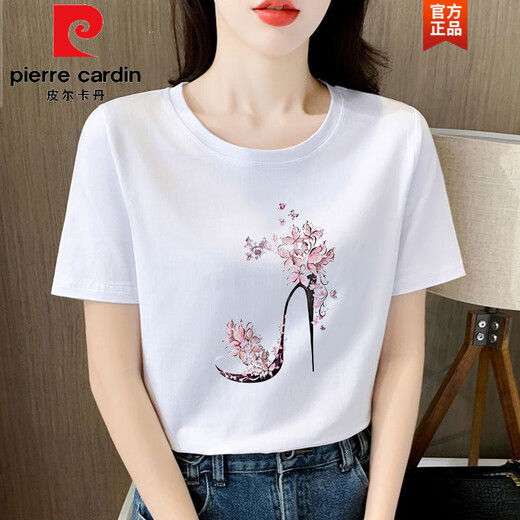 皮尔卡丹（pierre cardin）浅粉色棉短袖t恤女士宽松气质减龄印花半袖夏装2025年新款上衣 6172皮粉 短袖 M 建议80-105斤