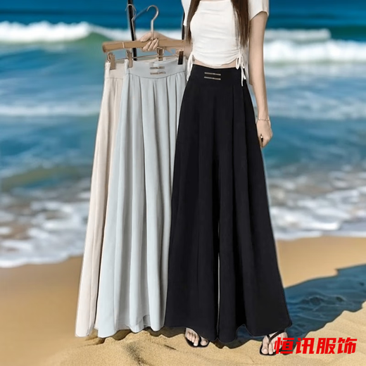 美梵朗夏季百搭外穿高腰雪纺盘扣垂感阔腿垂坠感收腰遮肚长款裙裤子女潮 黑色春夏款阔腿裙裤838 L 建议100-115斤