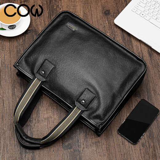
COW briefcase men's hand-held business bag genuine leather top layer cowhide horizontal computer bag casual men's bag C-8621 black