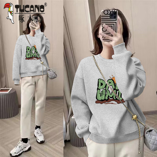 Woodpecker 2025 Printemps, automne et hiver NOUVEAU COU ROND COUP LONG STACKET à manches longues T-shirt pour femmes de style paresseux Top en veste pour les femmes en milieu de longueur [681 gris à fleurs] G1506 L 90-110Jin [Jin est égal à 0,5 kg]