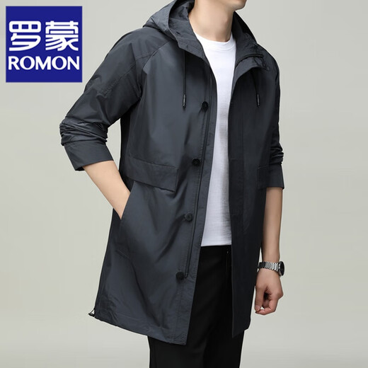 ROMON men's windbreaker jacket men's mid-length spring and autumn new trendy cloak coat casual hooded jacket men's black 170