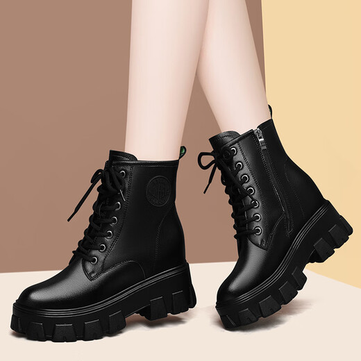 Lyca Kington 2024 autumn and winter new motorcycle boots niche zipper design inner height-enhanced short tube Martin boots versatile casual women's boots Black 1105 36