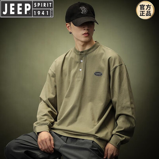 JEEP SPIRIT extra large size 300Jin Jin is equal to 0.5kg Henry collar long-sleeved T-shirt men's spring and autumn American loose layered polo. shirt sweatshirt ins trendy brand black XL recommended 120-150Jin Jin is equal to 0.5kg