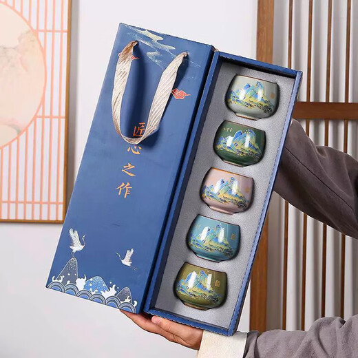 San Duo Jiu Ru Kung Fu Tea Cup Master Cup Ceramic Tea Set Men's and Women's High-end Gift Box Souvenir 5 Small Tea Cups Qianli Jiangshan 5 Gift Boxes