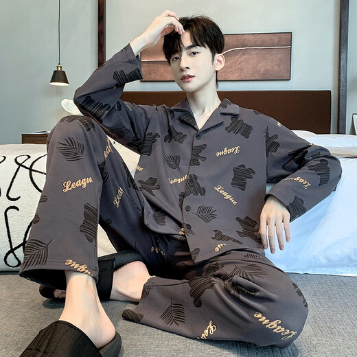 
Modal men's pajamas pure cotton long-sleeved spring and autumn cardigan men's cotton teenager large size can be worn outside home clothing suit B12202 L men