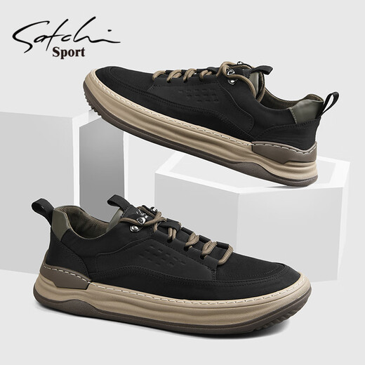 SATCHI men's shoes spring and autumn new breathable fashion business casual shoes soft sole sports men's sneakers trendy cloth shoes black 40 leather shoe size