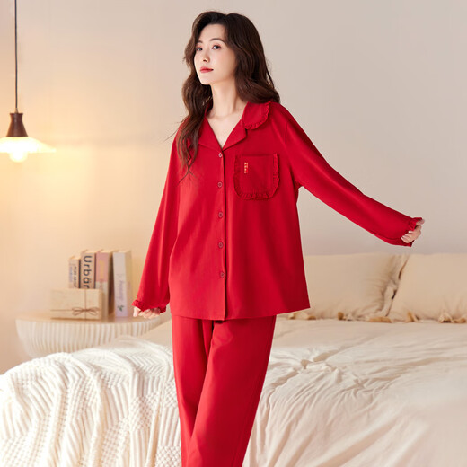 Han Cai Pajamas Women's High-End Pure Cotton Year of the Horse Zodiac Year Women's Wedding New Year Red Couple Pajamas Set Rose Red XXL