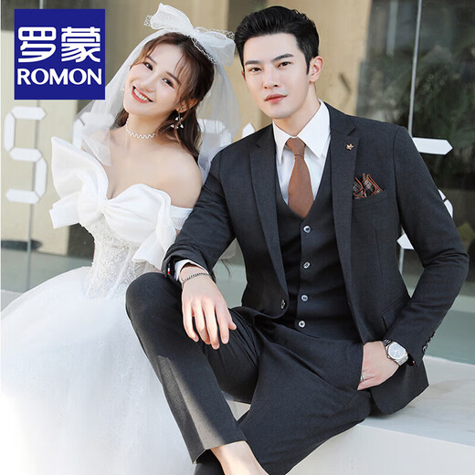 ROMON groom wedding suit men's suit dress British suit three-piece suit Korean version slim business casual professional formal suit TZ850 dark gray one-button suit + trousers + vest XL recommended 125-135 Jin Jin equals 0.5 kg