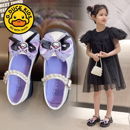G.duck girls leather shoes 2024 spring and autumn new style children's style bow princess shoes girls beanie shoes Kuromi shoes trendy black 27 inner length 16CM