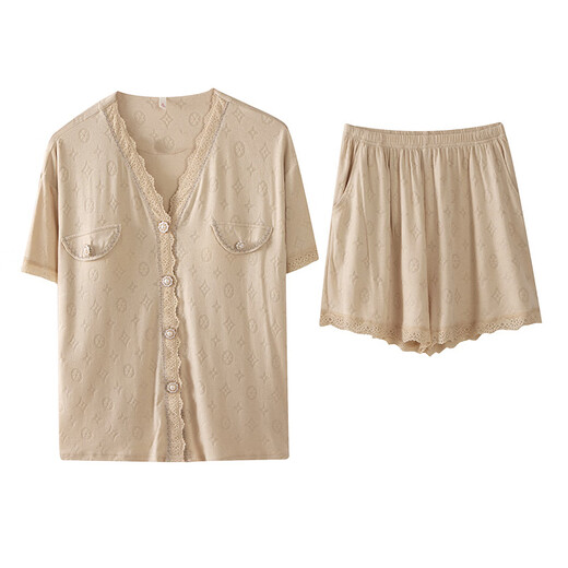 
Catman MIIOW summer women's pajamas short-sleeved shorts cardigan V-neck jacquard viscose cotton soft skin-friendly loose women's home clothing set 10YXF3527 XL
