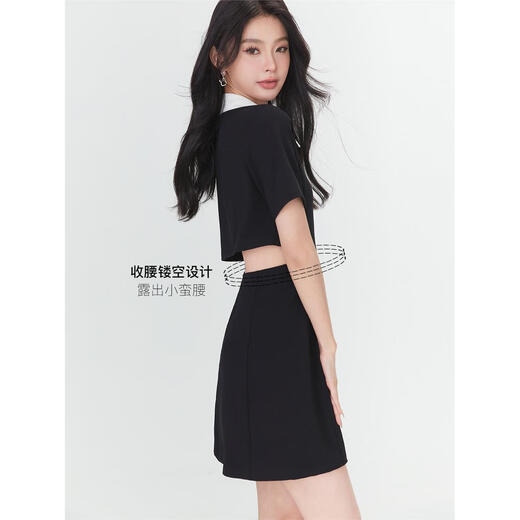 Fantu Fantu Casual Slim Contrast Color Polo Neck Hot Girl Dress Women 2023 Summer New Style Revealing Waist Hollow Design Black S