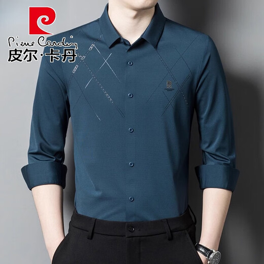 Pierre Cardin Herren Frühlings- und Herbst-Neues Langarm Shirt Herrengeschäft Casual Middled Vaters Hochzeitskleid Inch-Hemd ohne Bügeln 6627 Dunkelgrün M 16590-15 Jin [Jin ist gleich 0,5 kg]