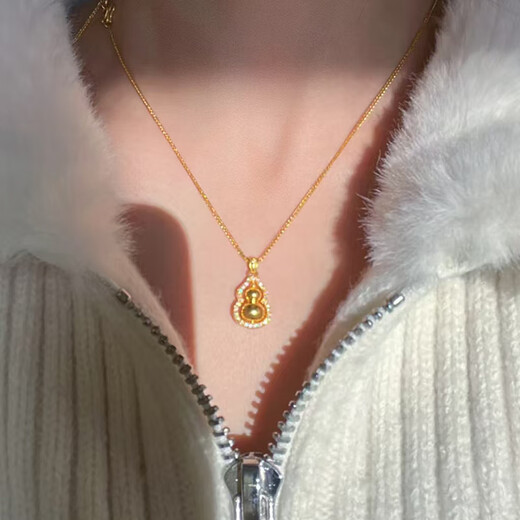 Chuxiao gold necklace 18K women's ancient gold Chopin chain 3D hard gold double-sided Fulu turning point diamond gourd pendant 2024 hot style gourd + bead chain