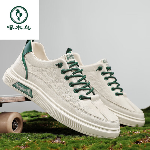 Woodpecker men's shoes 2025 new one-foot flat shoes for work men's casual and versatile soft sole leather sports little white trendy shoes Mi green 40