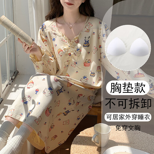 猫人春秋季天2025新款长袖卡通女士睡裙带胸垫一体大码睡衣孕妇家居服 16857 不带胸垫 (建议体重80-100斤) M
