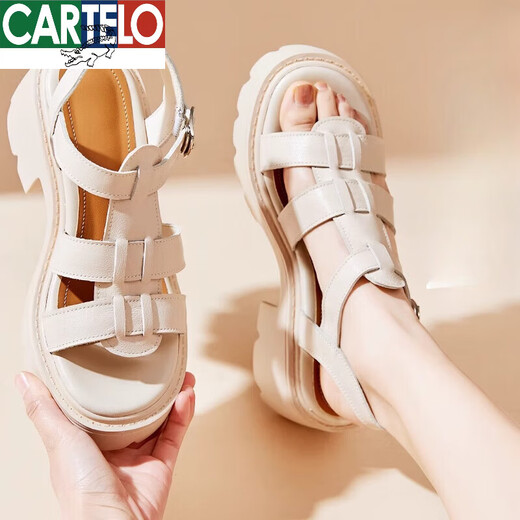 CARTELO thick-soled genuine leather sandals for women, cowhide thick heel soft-soled sponge shoes, Roman knitted women's shoes 2025 new summer 9905 meters white [simple one-line upper] 37