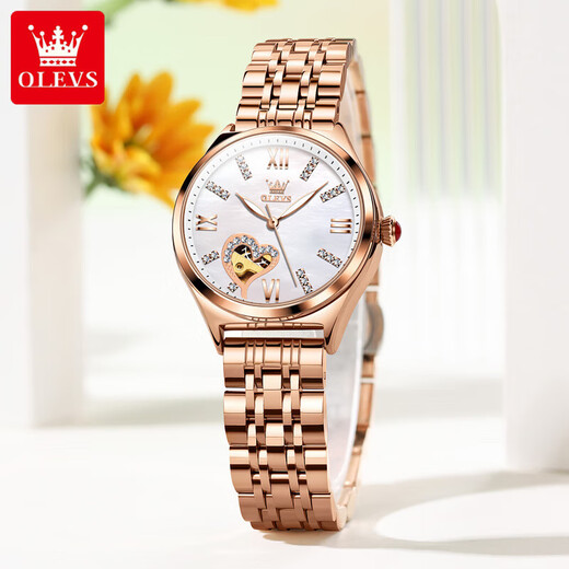 
OLEVS Swiss certified brand watch women's fully automatic mechanical watch fashion temperament women's watch hollow women's watch gift OLEVS-6636-Rose steel white surface
