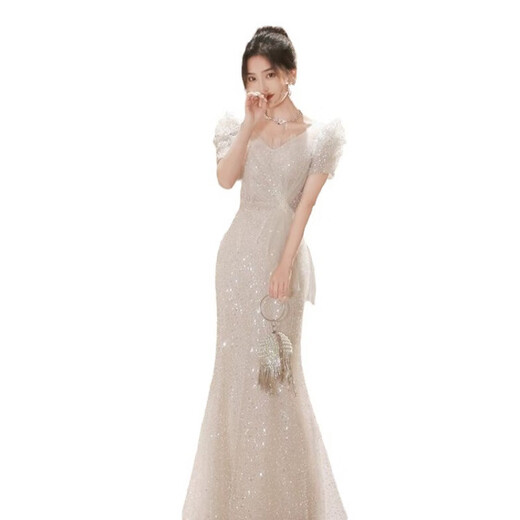 现宝莲鱼尾晚礼服裙女感亮片轻奢小众生日婚纱法式主持宴会气质 米灰色 M