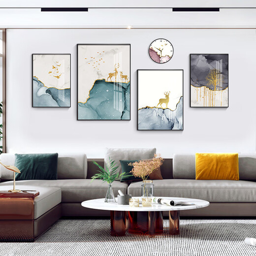 Mohu living room decoration painting sofa background wall new style mural modern simple TV background atmospheric abstract four-pair hanging painting Abstract art 15930 (including wall clock) Art crystal porcelain group-thin style gold frame