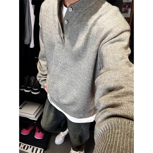 Katuchi American Henry collar sweater for men in spring and autumn trendy lazy style cleanfit inner layering base sweater jacket light gray 2XL