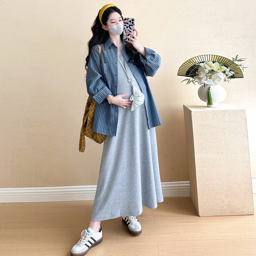 苒琦妈咪孕妇连衣裙2025新款春季时尚宽松纯棉背心裙两件套春秋款孕妇裙子 条纹衬衫+灰色背心（两件套） 2XL