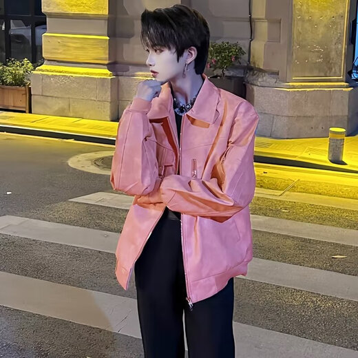 POUM Korean men's PU leather jacket trendy brand vintage handsome high street motorcycle design winter warm jacket XKFS-J318 gray regular XL