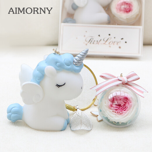 AIMORNY永生花玫瑰花独角兽钥匙扣礼盒同城配送七夕情人节生日礼物送女友