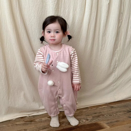 Disney (Disney) Baby Girl Cute Set 2025 Spring Baby Clothes Cute Bunny Overalls Striped T-shirt Two-piece Set Pink Striped Ten Rabbit Straps One-piece Two-piece Set 73cm 73