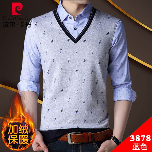 Pierre Cardin camisa cálida falsa de dos piezas 2025 otoño e invierno nueva camisa de manga larga para hombres camisa engrosada de terciopelo de una sola pieza 3878 terciopelo azul engrosado 185 / 3XL recomendado 175-190Jin Jin equivale a 0,5 kg