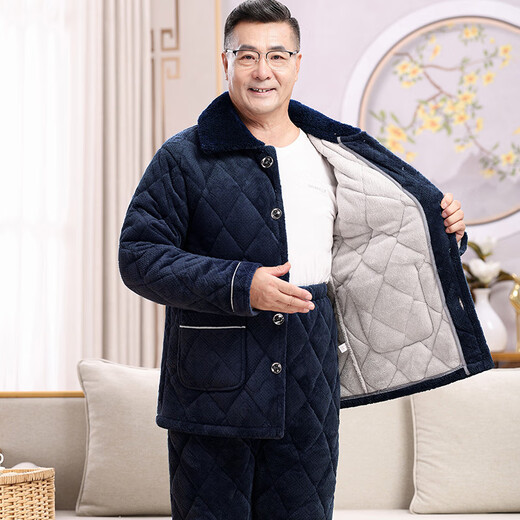 随阅男士睡衣秋冬季三层加厚加绒珊瑚绒夹棉保暖中老年家居服爸爸套装 N9926F蓝 牛奶绒 升级加厚 L码(90-120斤）