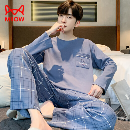 Cat men's pajamas 2024 long sleeves trousers pure cotton spring and autumn can be worn loose and cute teenager home clothing suit gentle and elegant 9901 L[120-140]