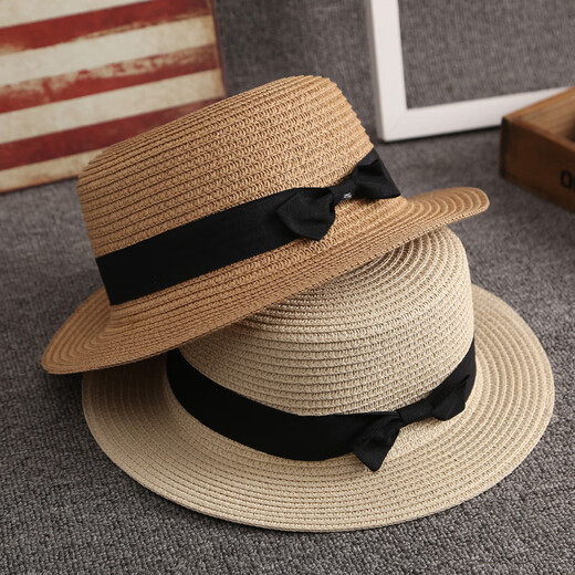 Anzhishang Korean style straw hat for women summer British retro flat top small fresh top hat sun protection beach hat travel trendy summer beige