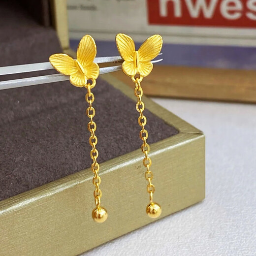 Yadige plated 18K gold light luxury gold colorful butterfly ear wire women's 2024 long tassel earrings new 999 pure gold ear butterfly