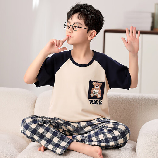 曼妮朵2024新款男童睡衣夏季薄款短袖纯棉儿童卡通男孩中大童家居服套装 F728【短长】 L码建议160-165cm