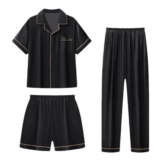 
Cat man pajamas men summer ice silk short-sleeved trousers shorts summer thin black men's spring and autumn home clothes three pieces G723+G794 2XL (recommended height 180 and weight 150