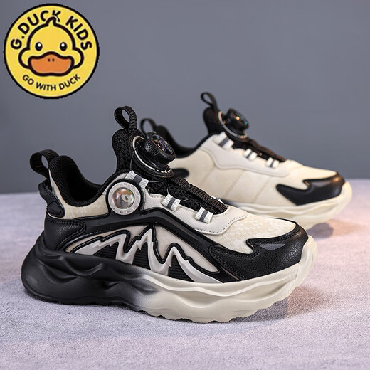 G.DuckKids Petites chaussures de garçons de canard jaune printemps et automne 2024 Nouveau produit bouton rotatif Mesh Breaks pour enfants respirant les baskets de la big et blanc 679 (surface du cuir) taille 40 taille 25,6 cm