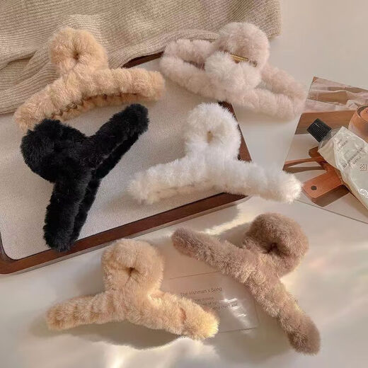 Jiuweiya plush hairpin back of head hair catcher autumn and winter temperament simple furry hairpin large hairpin shark clip disc hair accessories JYFJ094 white large plush clip 13cm