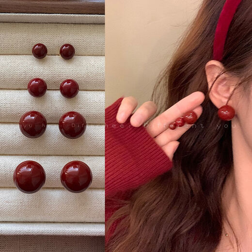 Hong Kong style wine red sugar bean pearl earrings for women new 2024 earrings niche design ear jewelry 10mm red bean mosquito coil ear clip