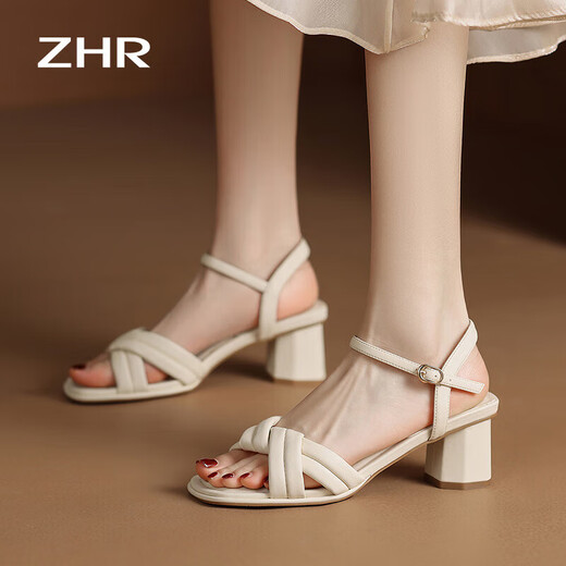 Sandales zhr pour les femmes en été élégantes talons épais à une bande pour les chaussures pour femmes talons hauts de couleur unie douce pour les femmes y683 beige 35