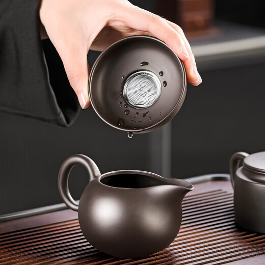 Tangfeng Zisha Kung Fu Tea Set Home Light Luxury High-end Xishi Teapot Teacup Cover Bowl Office Tea Making Gift Set Qianchuan Changhei + Ziyun Xishi Pot 11 Heads + Pinsheng