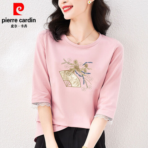 Pierre Cardin Pure Cotton Chinese Middle-Sleeved T-Shirt für Frauen, 7 Viertel Ärmel loser neuer chinesischer Frühling und Herbst Sommer 2025 Neues Top W6205 Weiß + W6172 ICE BLUE M (Empfohlen 80-105jin [Jin gleich 0,5 kg])