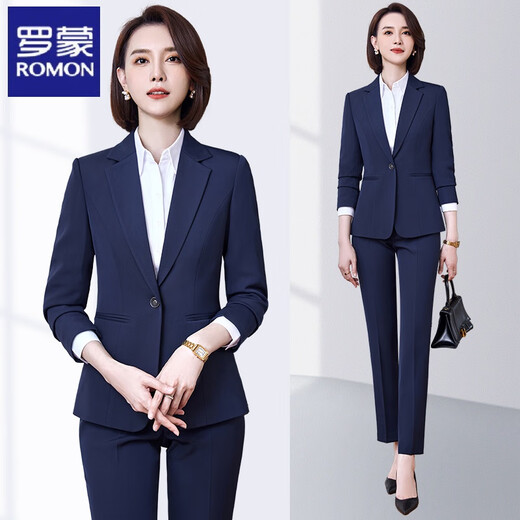 ROMON Suit Women's 2026 New Bank Work Service Official Interview Formal Professional Wear Anti-Wrinkle Suit Jacket Navy Top + Pants L 100Jin Jin is equal to 0.5kg -109Jin Jin is equal to 0.5kg