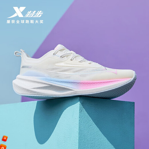 Xtep 2000 km second-generation running shoes for women, lightweight, wear-resistant, shock-absorbing, professional physical test, comprehensive training, marathon sports shoes for women, sail white/fluorescent cherry pink (Luo Ying Rainbow-women's model) 40