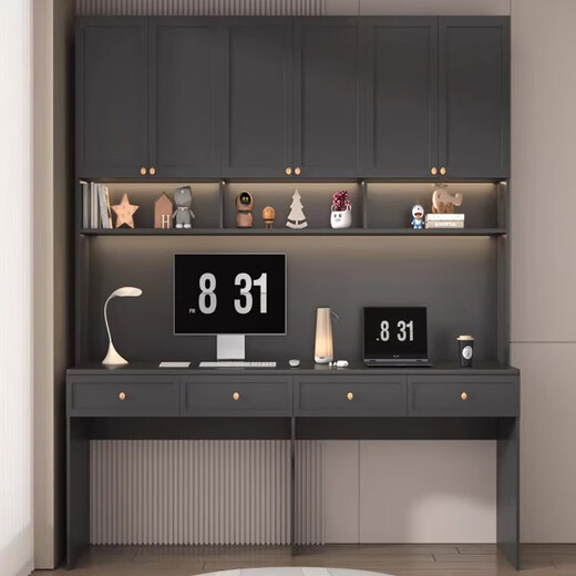 Hairison Package Installation Desk Bookshelf Computer Desk Corner Bookcase Integrated Study Table Customized Modern Home Workbench A07 Dark Gray Length 2200mm with Light