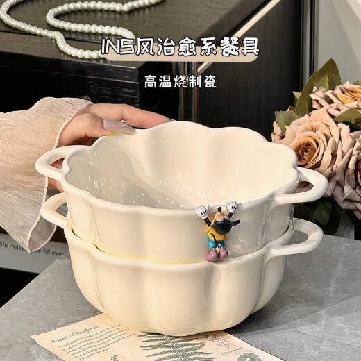 启派高颜值碗家用陶瓷吃饭碗双耳汤碗奶油风碗碟菜盘子碗筷餐具釉下彩 5英寸碗6个装【1381】描金边